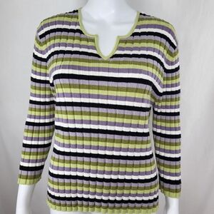 B Moss Striped SWEATER Womens Size L V-Neck Ribbed Green Purple Black White Top